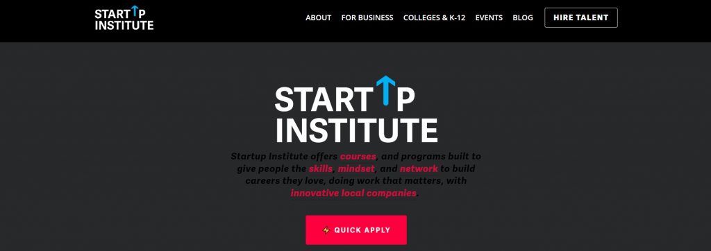 startup institute landing page