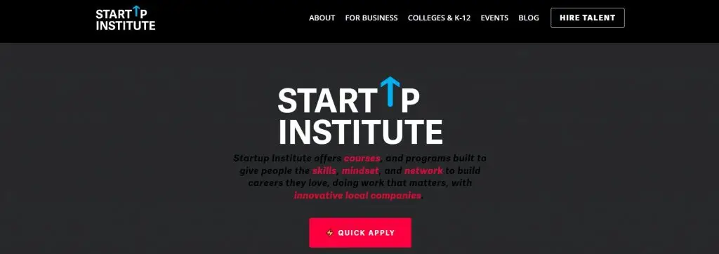 startup institute landing page