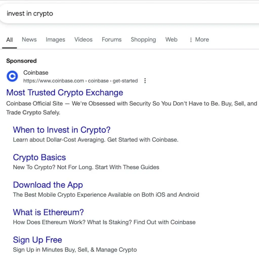 Sitelink extensions for a Crypto Search Ad