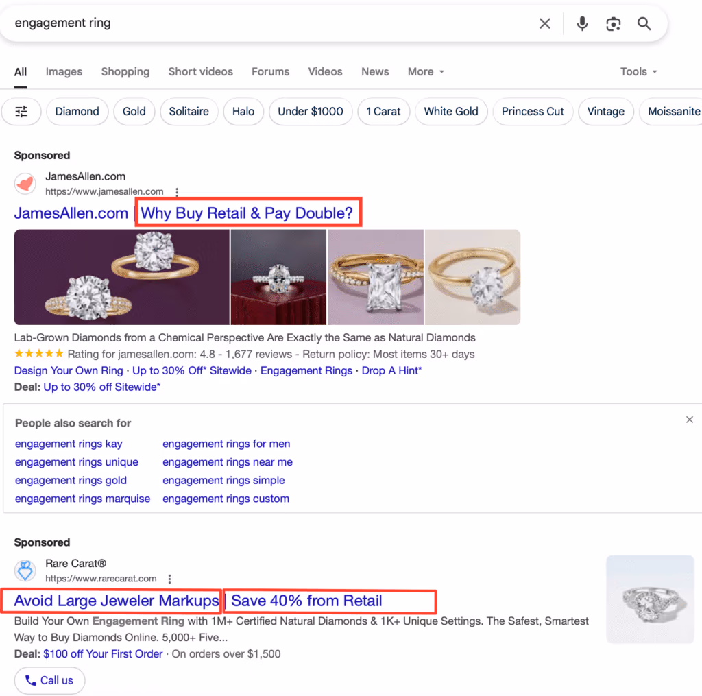 Jewelry Search Ad with good headlines