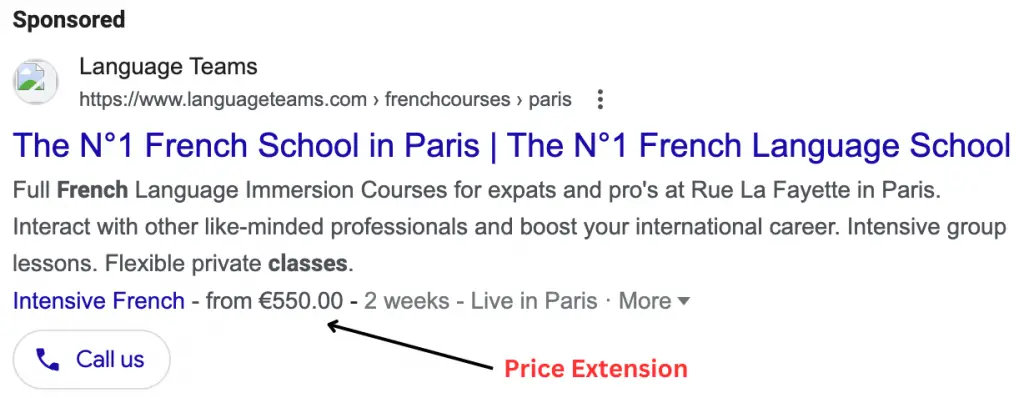 Price Extension for School Search Ad